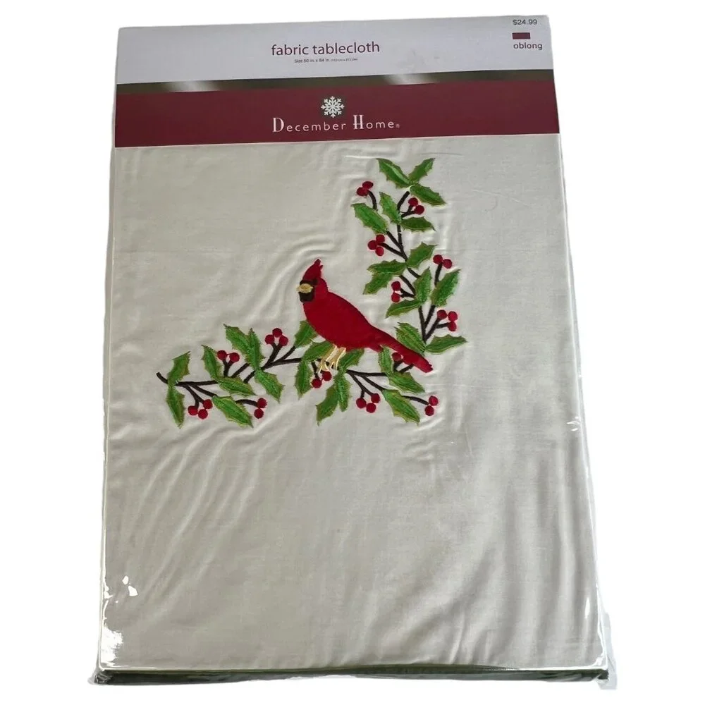 December Home Oblong Fabric Tablecloth With Cardinal & Holly Embroidery 60